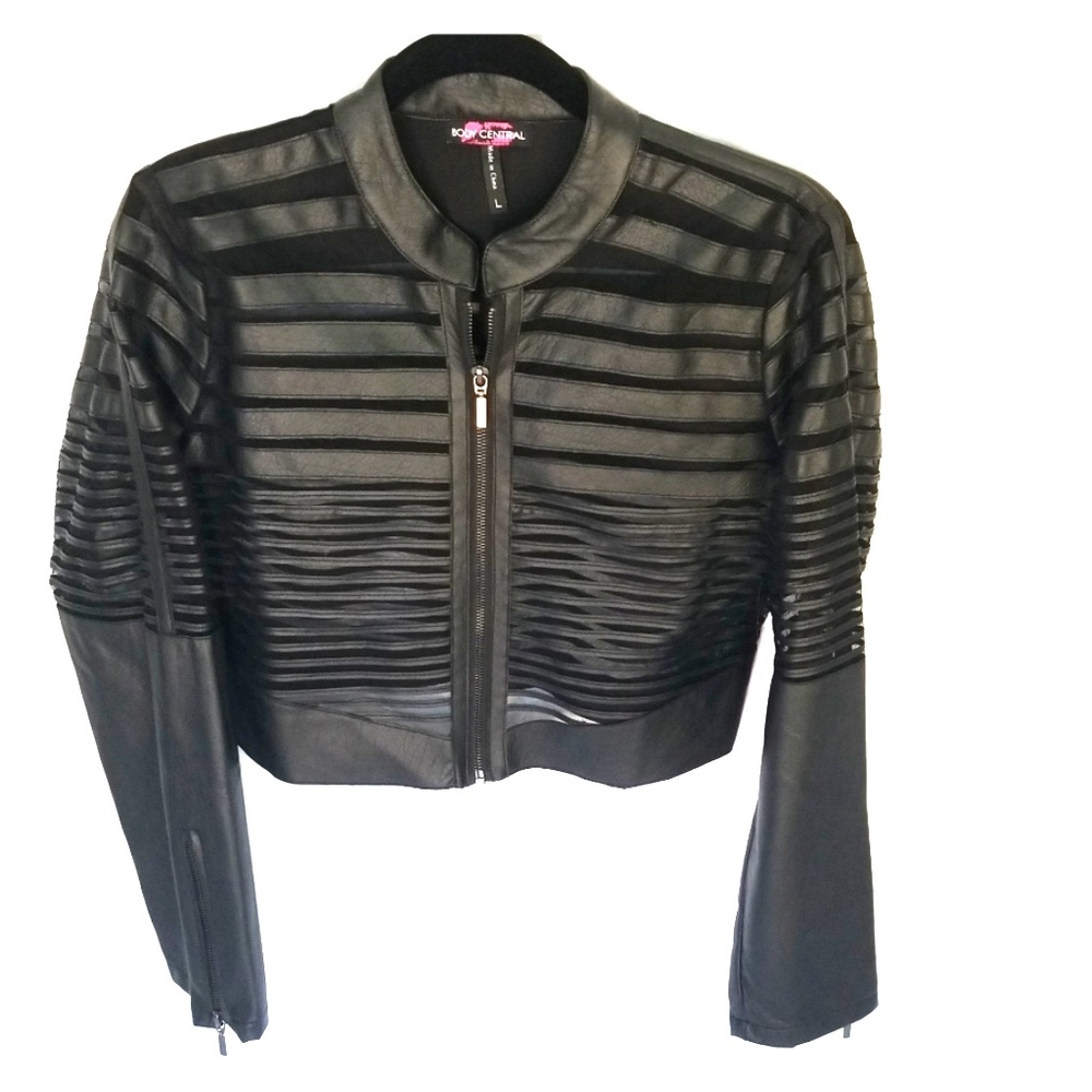 BODY CENTRAL Mesh/ Faux Leather Crop Moto Jacket